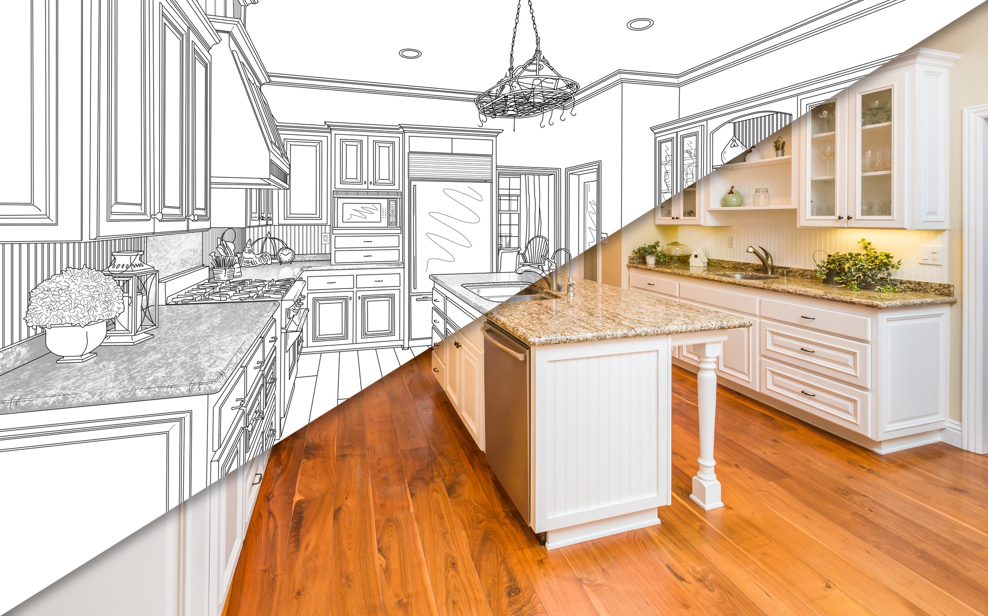 Diagonal split screen of drawing and photo of beautiful new kitchen